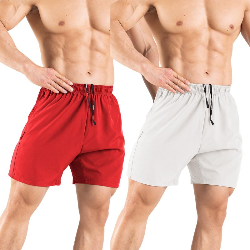 Gaglg Men's 5" Running Shorts 2 Pack Quick Dry Athletic Workout Gym Shorts with Zipper Pockets White/Red,Medium