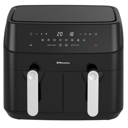 EMtronics EMAFDD9L Dual Air Fryer Extra Large Family Size Double XL 9 Litre with 8 Adjustable Pre-Set Menus for Oil Free & Low Fat Healthy Cooking, Easy Clean Metal Interior, 99-Minute Timer - Black