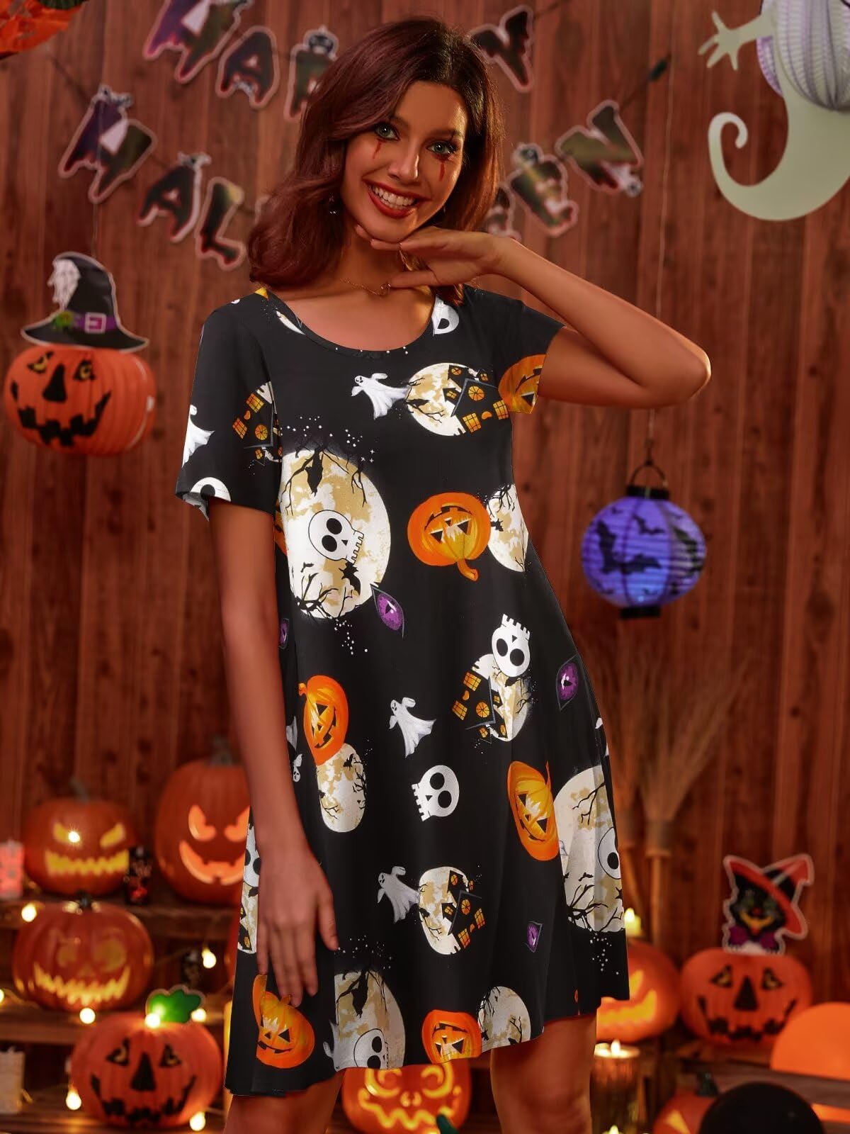 BELAROI Womens Plus Size Halloween Dresses Short Sleeve Swing Tunic Tshirt Dress Pumpkin, Witch, Horror Pattern Print Halloween Costumes(2X,Flower42)