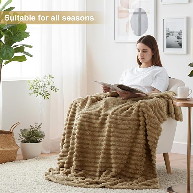 decorUhome Soft Fleece Brown Blanket Queen Size for Bed, Cozy Fluffy Plush Flannel Large Striped Throws for Couch Sofa, Lightweight Decorative Fuzzy Blanket for Woman, 90x90 Inches