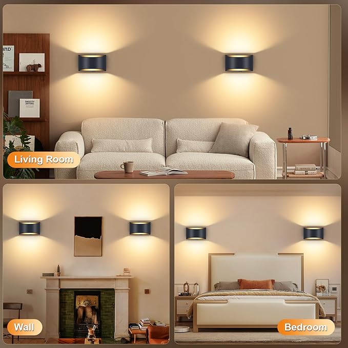 Battery Operated Wall Sconce with Remote Control,No Hardwired Aluminum Black Modern LED Wall Sconce Indoor,50W Equivalent Battery Wall Light,3000K-6500K Dimmable Wall Lamp