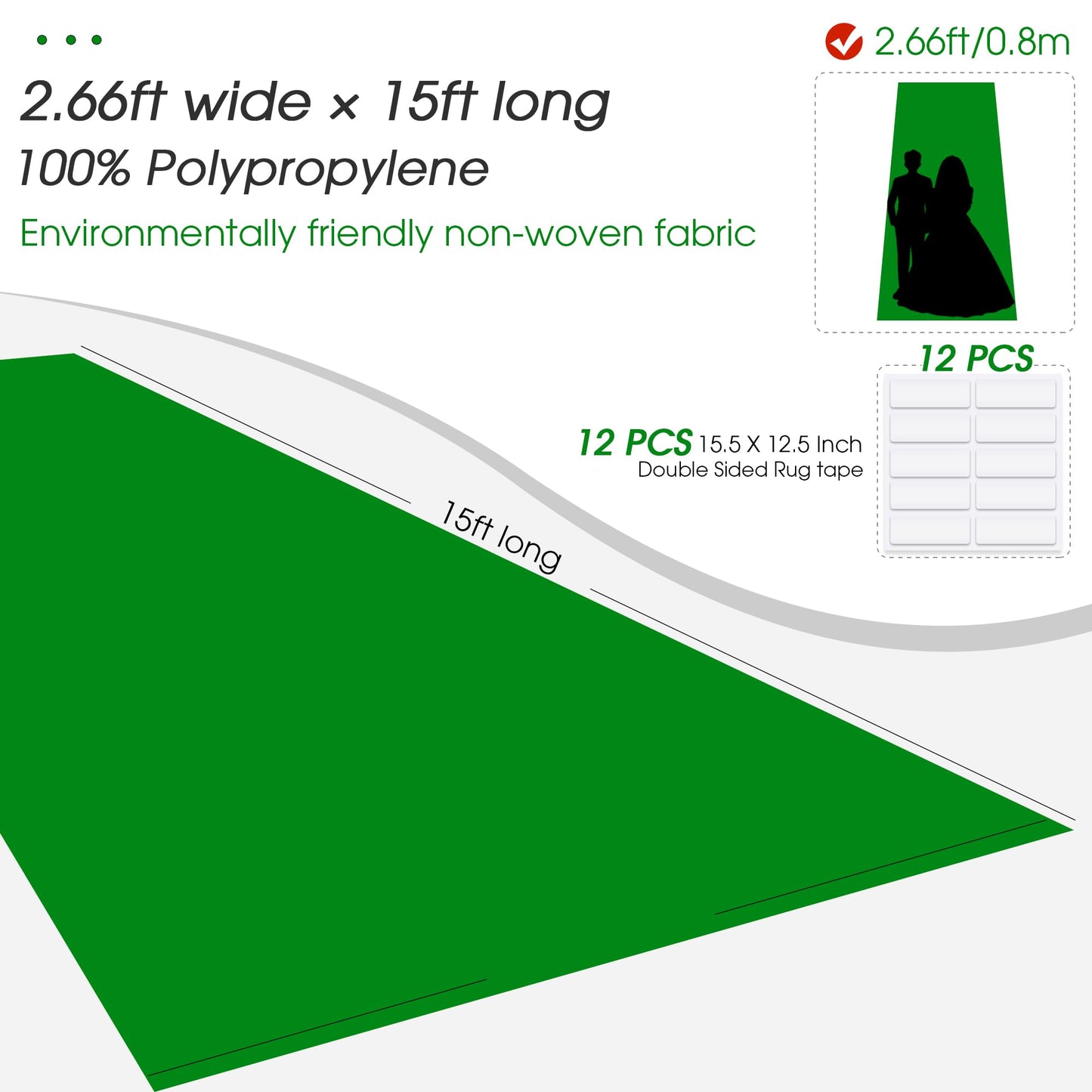Green Carpet Runner for Party,140GSM 2.62FTx15FT Carpet Party Decorations,Green Runway Rug for Prom Felt Non-Woven Fabric,Runner for Wedding Ceremony