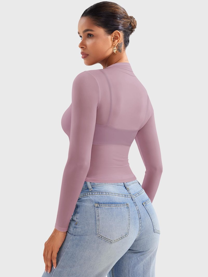 YEOREO Womens Sheer Tops Long Sleeve See Through Tops Mock Neck Slim Fit Workout Shirt Jamy Going Out Sexy Shirts Lilac Smoke M