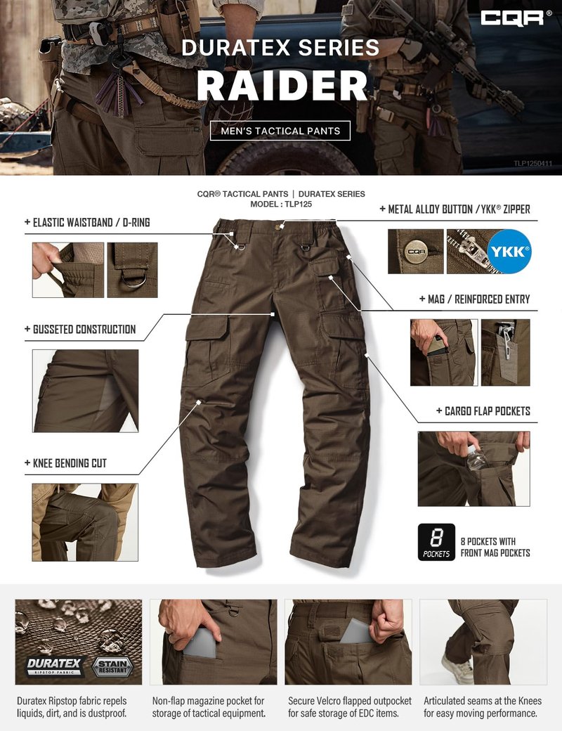CQR Men's Tactical Pants, Water Resistant Ripstop Cargo Pants, Lightweight EDC Work Hiking Pants, Outdoor Apparel, Duratex Mag Pocket Tundra, 40W x 32L