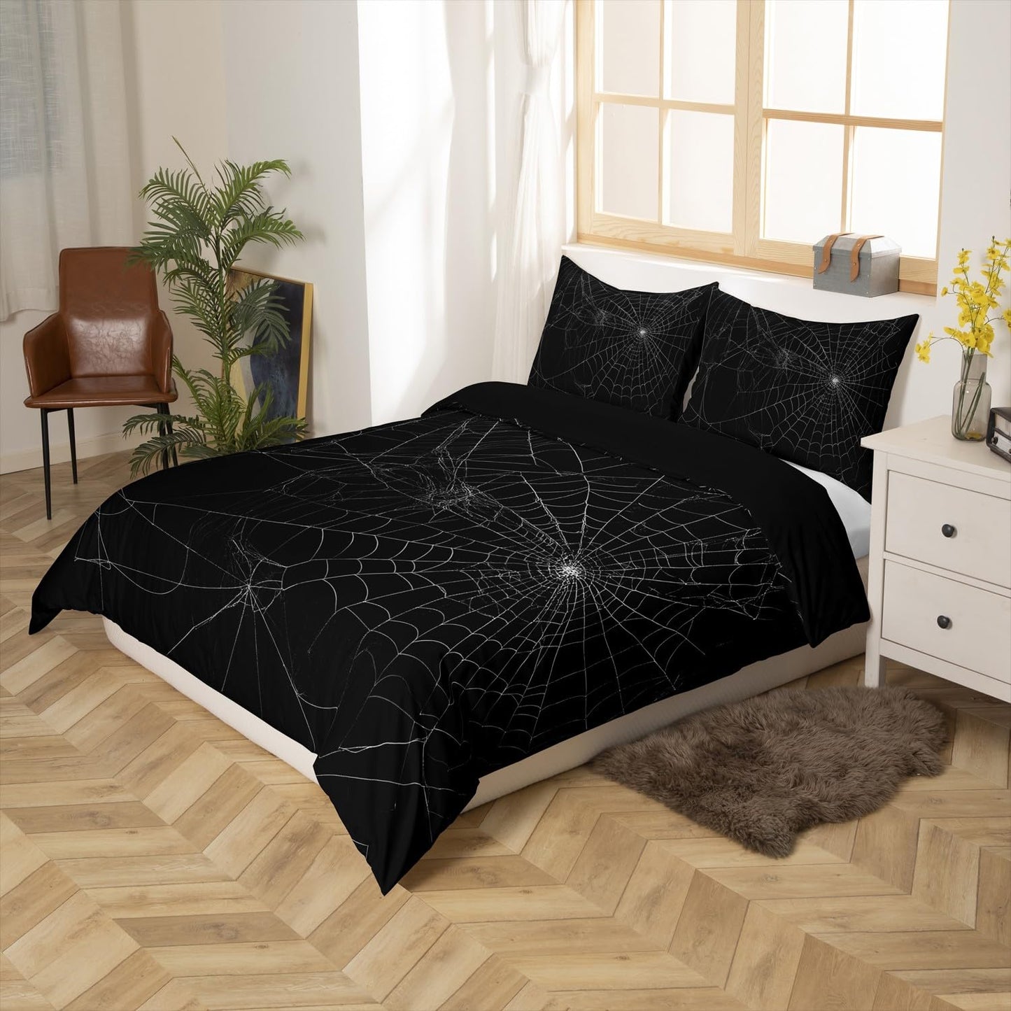Spider Web Bedding Duvet Cover Set Kids Halloween Theme Spider Print Bedding Set Boys Girls Black White Decor Comforter Cover Microfiber Trick or Treat Bedspread Cover Bedroom Bedclothes Queen Size