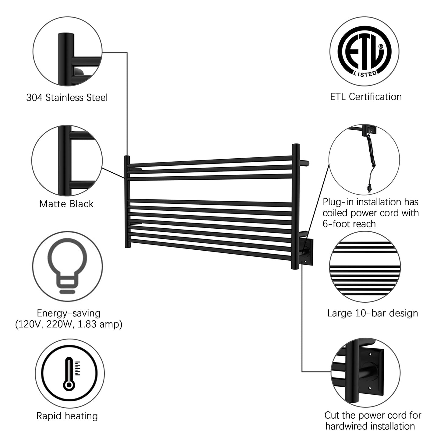 HEATGENE Towel Warmer Wall-Mounted Hardwired Heated Towel Rack Hot Towel Bar Brushed