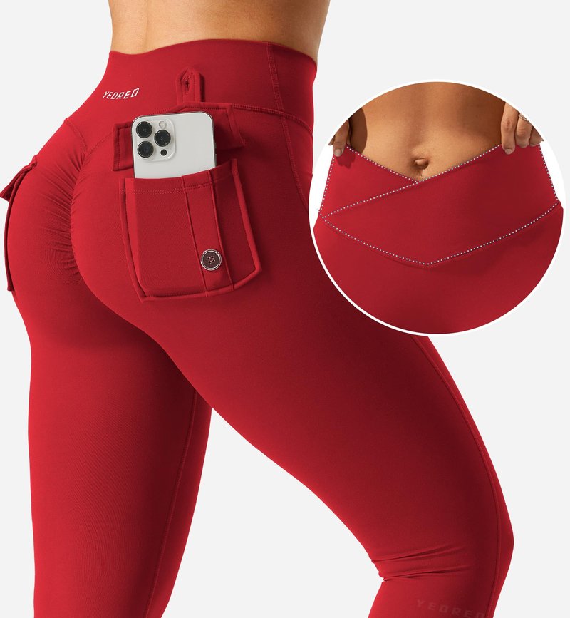 YEOREO Leggings with Pockets for Women Charm Scrunch Workout Leggings V Cross Waist Butt Lifting Gym Yoga Pants Red M