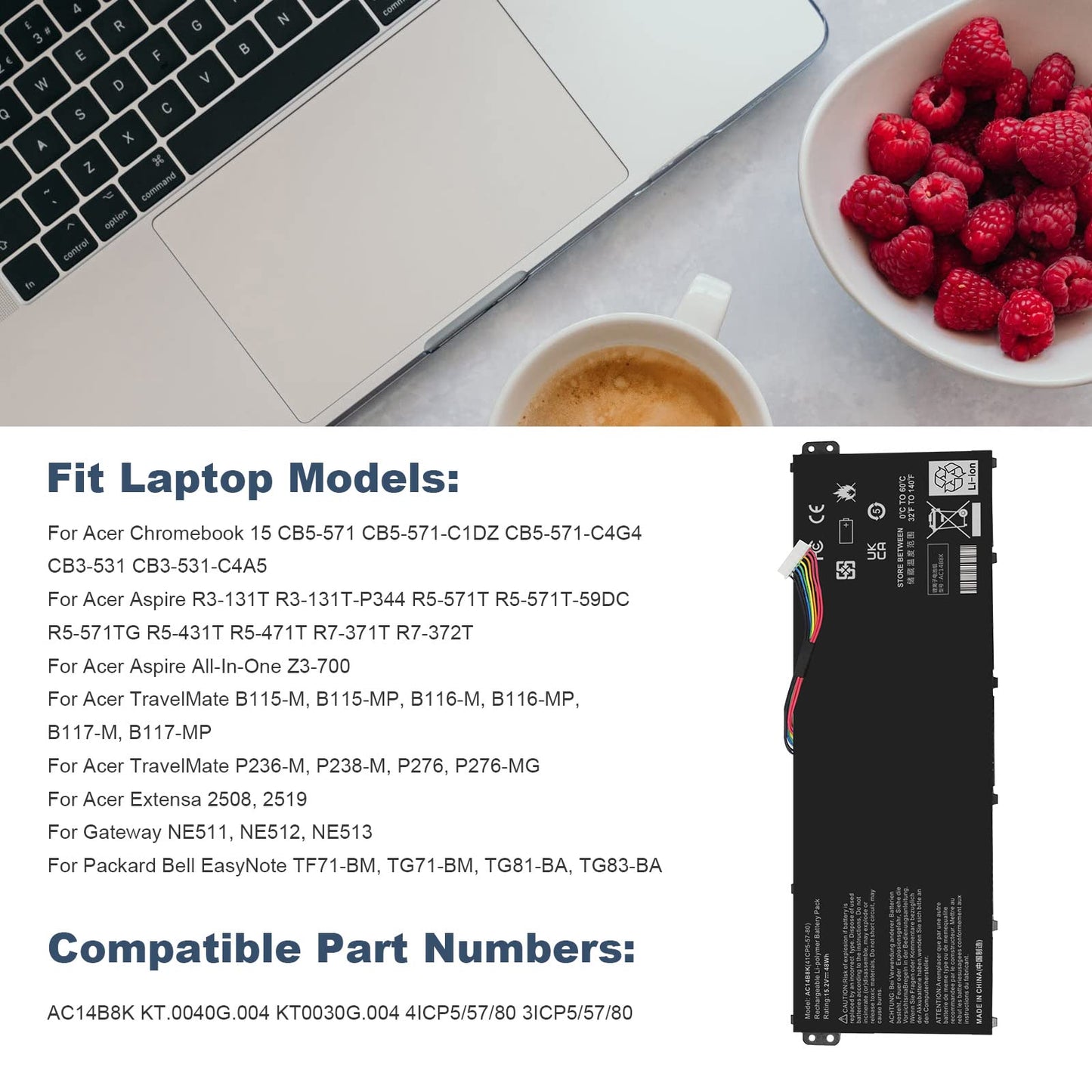 AC14B8K Laptop Battery for Acer Aspire R3-131T R5-471T R5-571T R5-571TG E3-111 E3-112 ES1-511 ES1-512 ES1-531 ES1-520 ES1-111M R7-371T R7-372T V3-111 fits KT.0040G.004, KT0030G.004, 3ICP5/57/80
