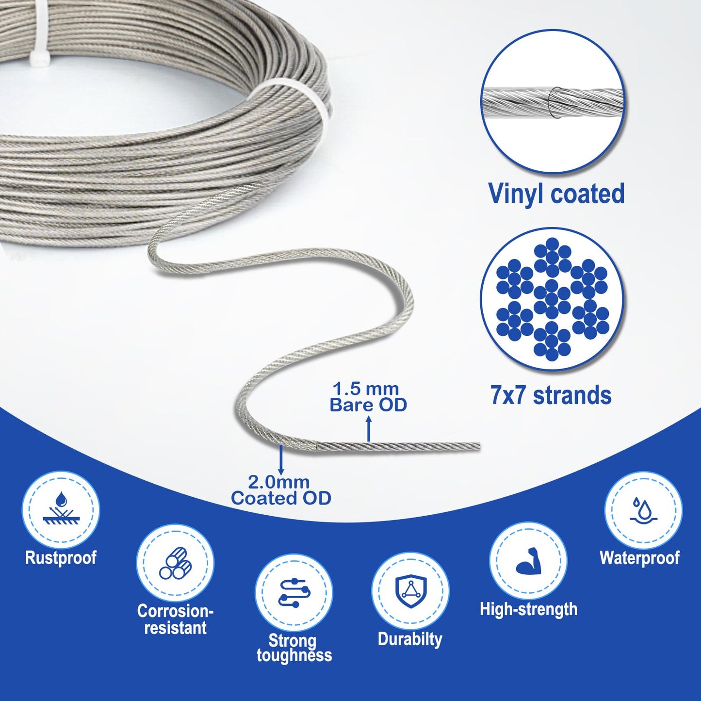 TooTaci 30M Garden Wire for Climbing Plants, 2mm PVC Coated Stainless Steel Cable with M5 Turnbuckles, Fence Wire, Vine Eyes for Climbing Plants, Perfect for Trellis, Outdoor String Light Hanging