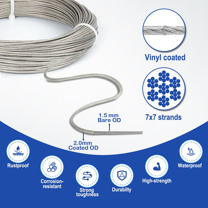 TooTaci 30M Garden Wire for Climbing Plants, 2mm PVC Coated Stainless Steel Cable with M5 Turnbuckles, Fence Wire, Vine Eyes for Climbing Plants, Perfect for Trellis, Outdoor String Light Hanging