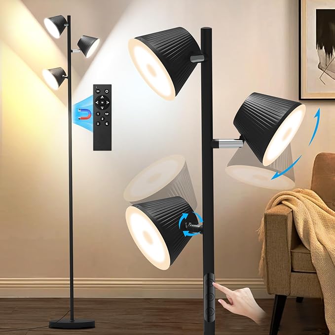 42W 4500 Lumens Super Bright LED Tree Floor Lamp for Living Rome with Remote & Touch Control, 4 Color Temperatures, Modern Stepless Dimmable 3 Rotatable Light Standing Floor Lamps for Bedroom, Black