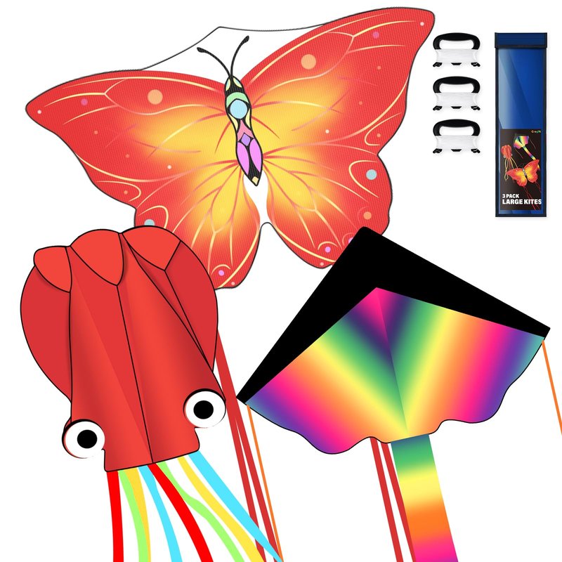 Crogift 3 Pack Large Kites, Easy to Fly Large Butterfly, Giant Red Octopus & Colorful Delta Kite for Beach Trip - Perfect Kites for Kids Ages 4-8 8-12, Gifts for Easter and Festival
