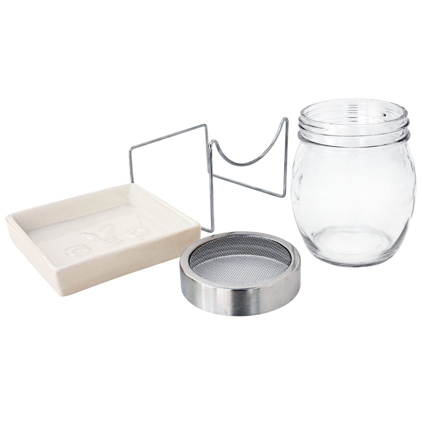 GEO Sprouting Jar - Italian Design - Glass Jar with Stainless Steel Screen, Rim, Stand on Ceramic Base