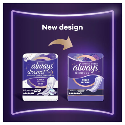Always Discreet Incontinence Pads Women, Ultimate Night, Absorbency 8, 48 Sanitary Towels (12 x 4), Extra Secure Bladder Weakness, Odour Neutraliser