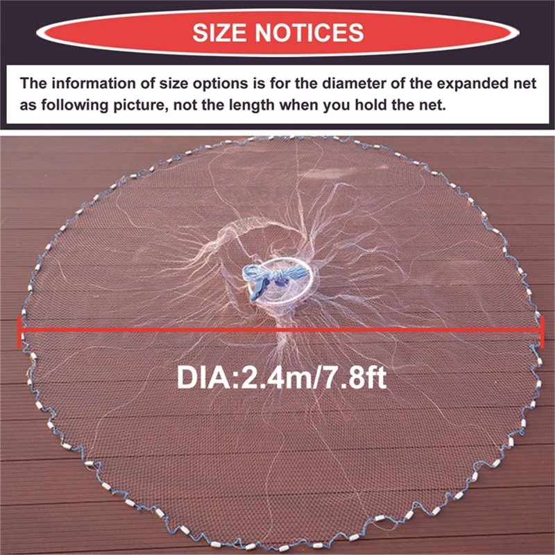 Cast Fishing Net with Aluminum Frame, 0.8 inch Mesh, 7.8-13.8 ft Diameter