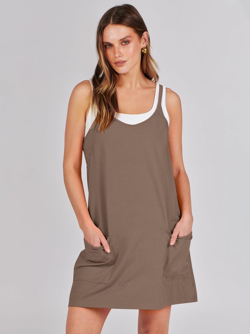 Caracilia Womens Summer Mini Dress 2025 Casual Sleeveless Built in Shapewear Sundress Trendy Short Tennis Athletic Outfits Coffee Medium