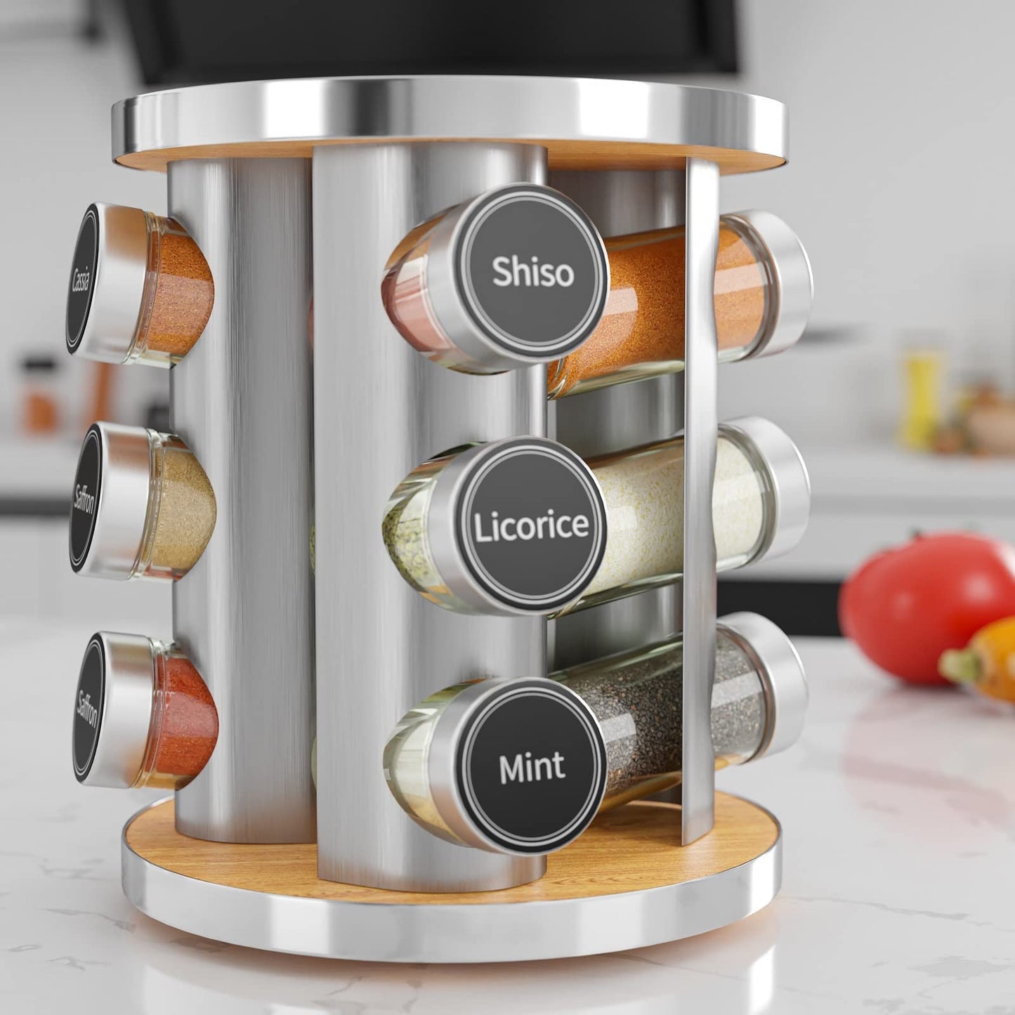 Revolving Spice Rack Set with 20 Spice Jars, Kitchen Spice Tower Organizer for Countertop or Cabinet -- Carousel Storage Includes 386 Spice Labels -- Desktop Rotating Seasoning Organizer