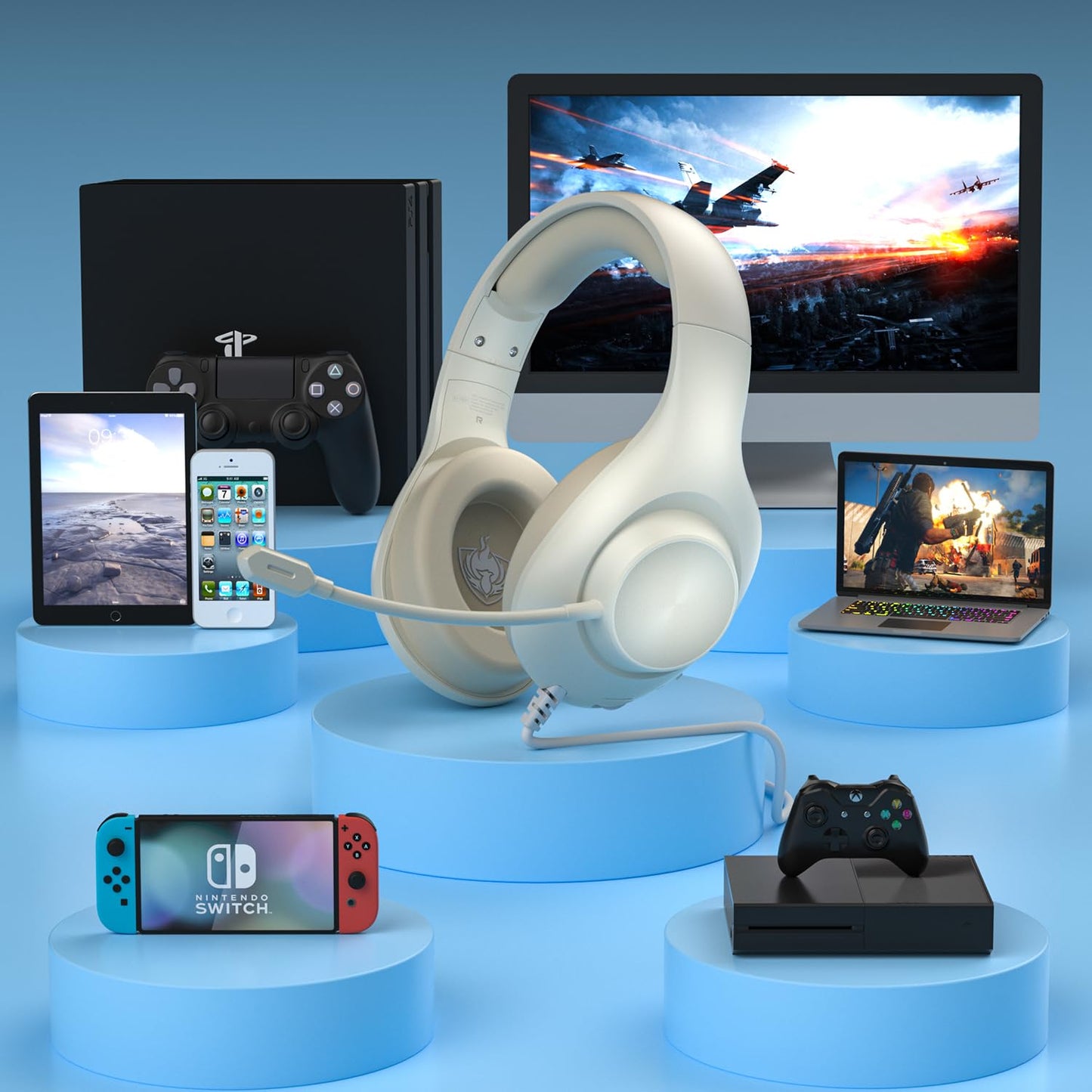 Gaming Headset for PS5 PS4 PC, Wired Headsets with 7.1 Surround Sound, H-7 Gaming Over Ear Headphones with Noise Cancelling Flexible Mic Memory Earmuffs, for PC/PS5/PS4/XboxSeries X/S/Switch (White)