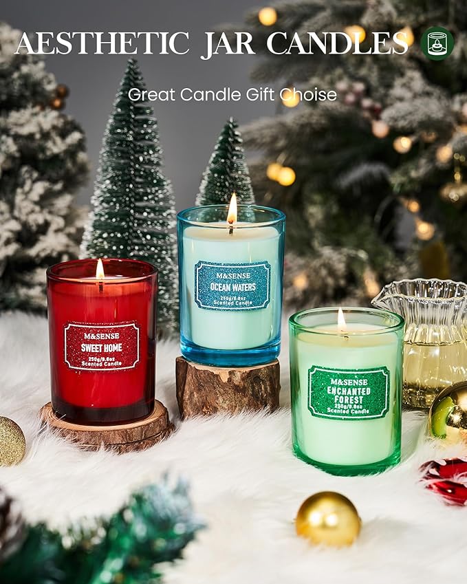 M&SENSE Cederwood Scented Candles, Classic Size 8.8 oz Glitter Jar Candle, Holiday Gifts for Women, Strong Scented Natural Soy Candle for Winter Home Decor, 50 Hours Long Burning Candles