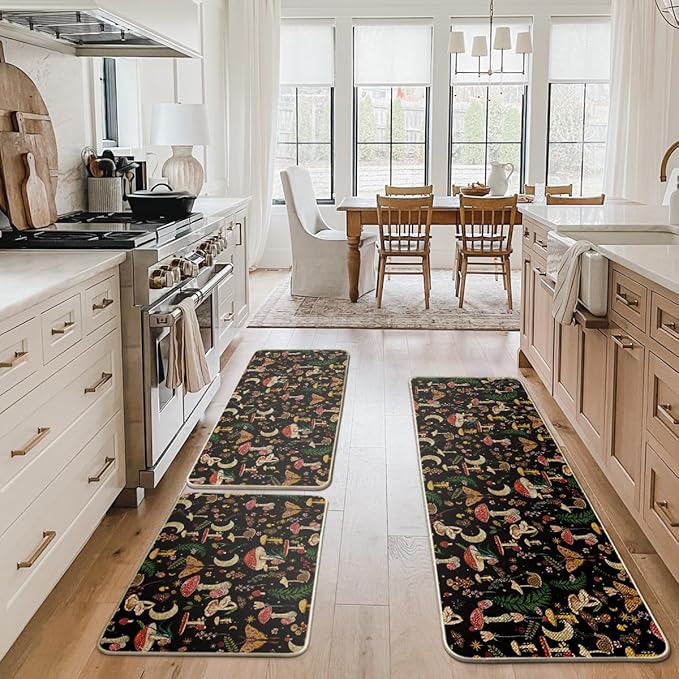 Artoid Mode Black Mushrooms Butterfly Spring Kitchen Mats Set of 3, Home Decor Low-Profile Kitchen Rugs for Floor - 24"x35"+24"x59"+24"x72"