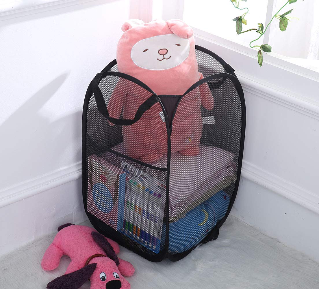 Buenod 2 Packs Mesh Pop up Laundry Hamper (Black) with Portable Handles, Collapsible for Storage, Foldable Pop-Up Laundry Bags for Kids Room, College Dorm or Travel