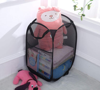 Buenod 2 Packs Mesh Pop up Laundry Hamper (Black) with Portable Handles, Collapsible for Storage, Foldable Pop-Up Laundry Bags for Kids Room, College Dorm or Travel
