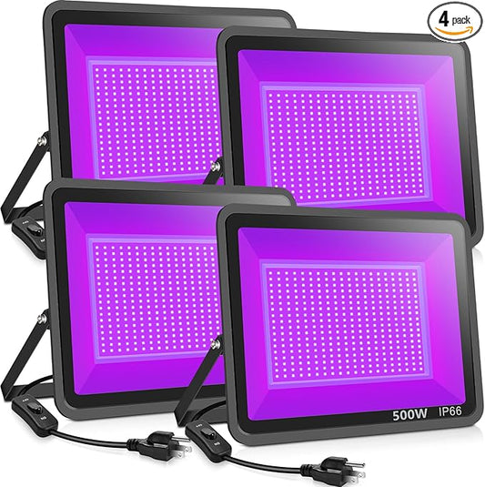 4 Pack 500W LED Flood Black Lights,395nm to 405nm UV Outdoor Flood High Power Blacklight Light with Plug in, IP66 Waterproof Large Black Light Spotlight for Glow Party Large Space, Halloween
