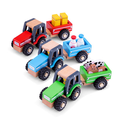 New Classic Toys - Houten speelgoed - Houten tractor met aanhanger, Green