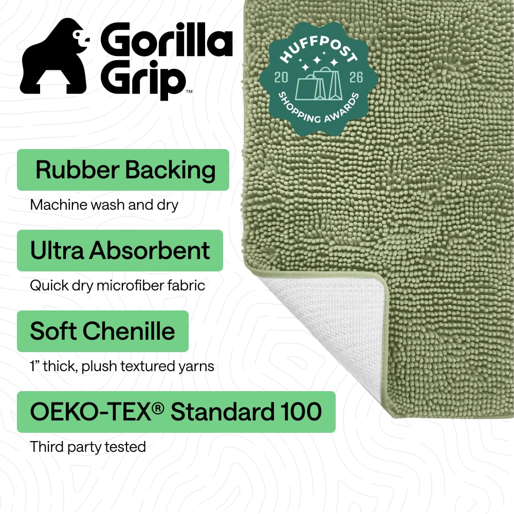 GORILLA GRIP Bath Rug Mat, Thick Soft Absorbent Chenille, Quick Dry Microfiber Mats, Rubber Backing Washable Shower Floor Rugs, US Designed Bathroom Bathmat Home Decor Accessories, 24x17 Sage Green