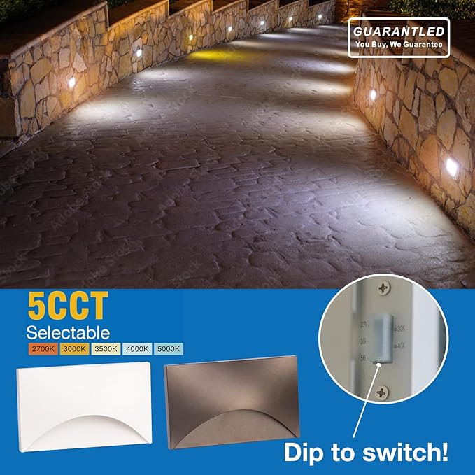 Step Lights Outdoor 6 Pack Arch, 120V 5CCT Selectable Stair Lights Indoor, Waterproof LED Deck Decor Hardwired Dimmable, White Finish Aluminum Outdoor Lighting, ETL Wet Rated