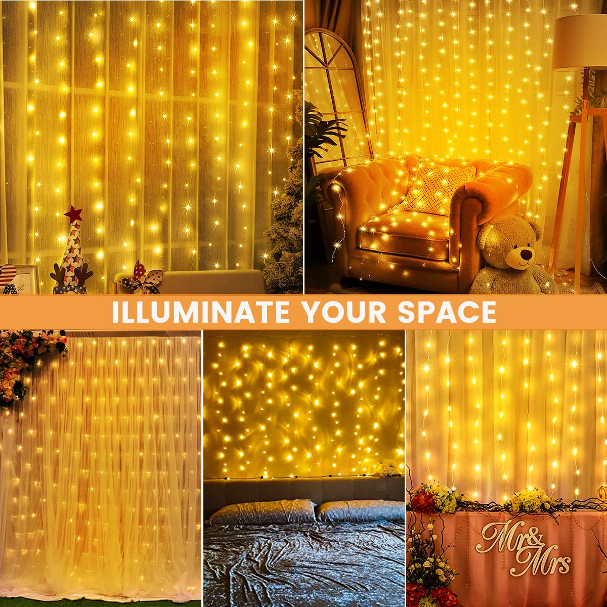 Christmas Curtain Lights 3m x 3m 300 LED, Curtain Fairy Lights Indoor/Outdoor, 8 Modes Remote Window Lights Adjustable Brightness, Curtain Light Warm White for Bedroom, Garden,Party,Christmas