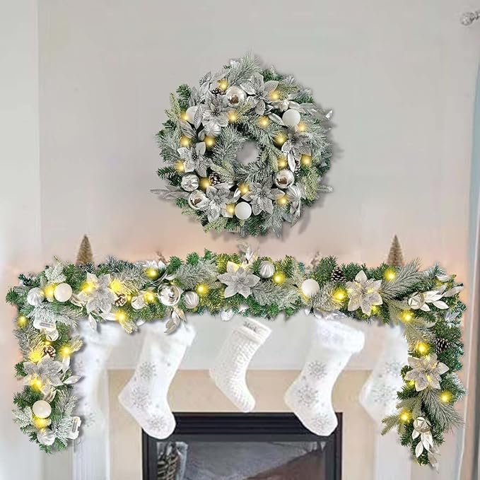 WANNA-CUL Pre-Lit 24 Inch Lighted Christmas Wreath for Front Door Decor with Silver White Christmas Ball Ornaments and Poinsettia Flowers,Battery Operated 30 LED Lights