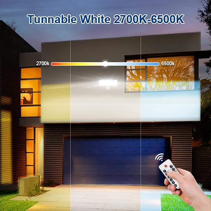 EMANER Flood Lights Motion Sensor Outdoor, Remote Security Light 28W, Dusk to Dawn Always On or Motion Activated On/Off, Tunable Warm White Dimmable for Eave, Garage (White, 1-Pack)