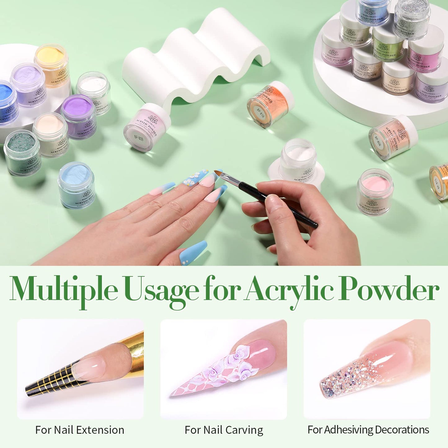 BORN PRETTY Acrylic Nail Kit - Acrylic Powder (Clear, White, Pink) & Liquid Set with Nail Forms, Brush Pen, File & Glass Container - Beginner Friendly