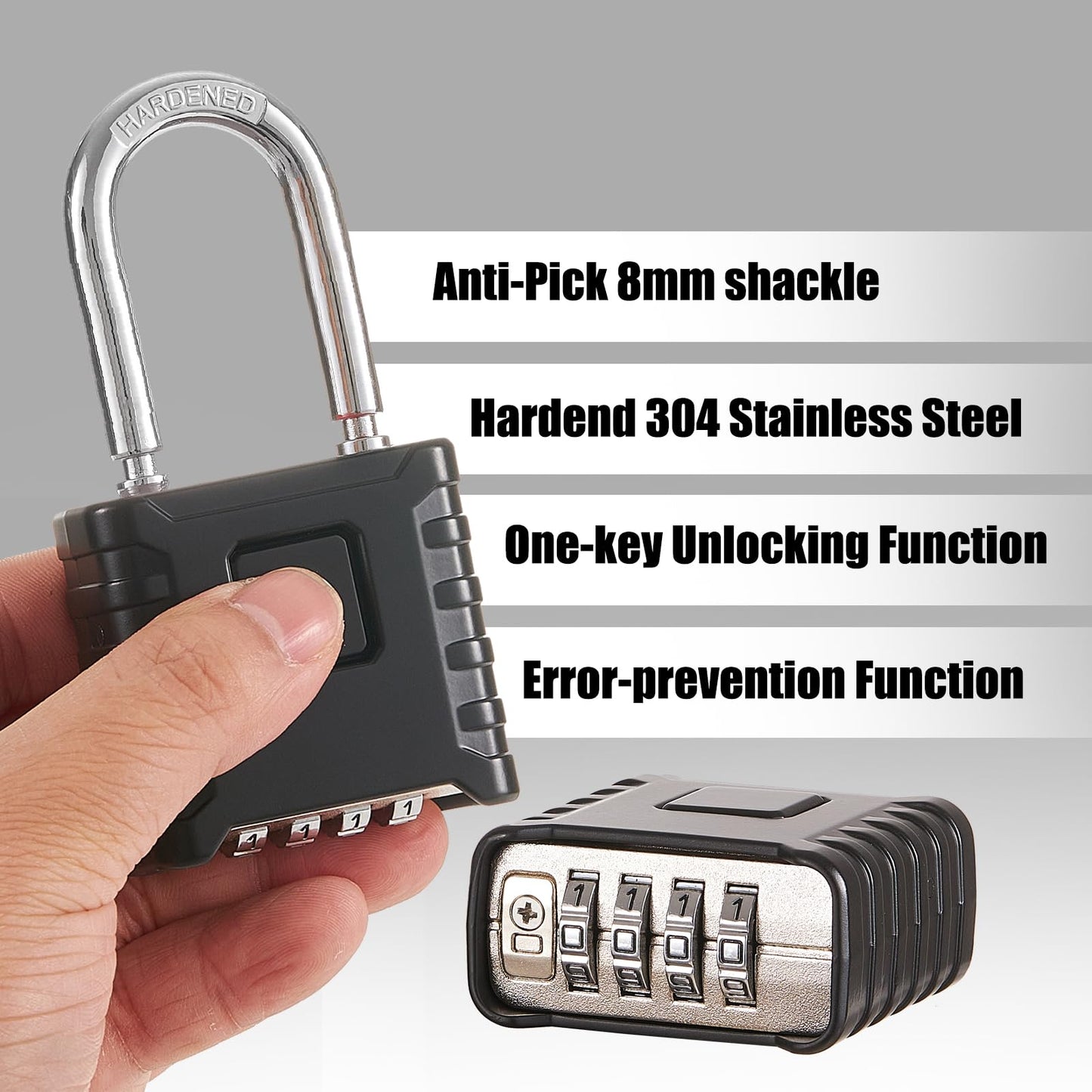 1 Pack disecu Long Shackle Heavy Duty 4 Digit Combination Lock, One Touch Unlocking, Anti-Error Feature, Waterproof Large Outdoor Padlock for School Gym Locker, Fence, Gate, Storage Unit (Black)