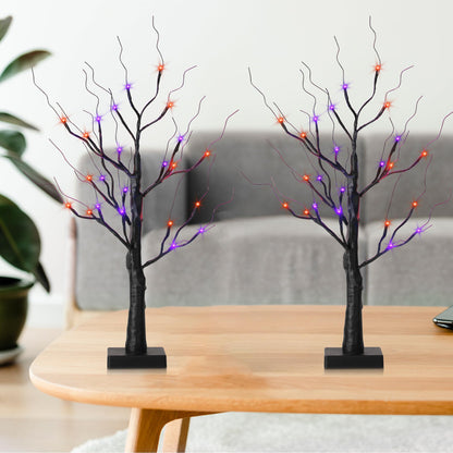encavy Halloween Decorations Indoor,2 Pack 2FT Birch Tree with 24 Orange and Purple LED Lights,Black Spooky Halloween Tree for Holiday Party,Tabletop Decor for Home,Office,Christmas,Fireplace,Mantle