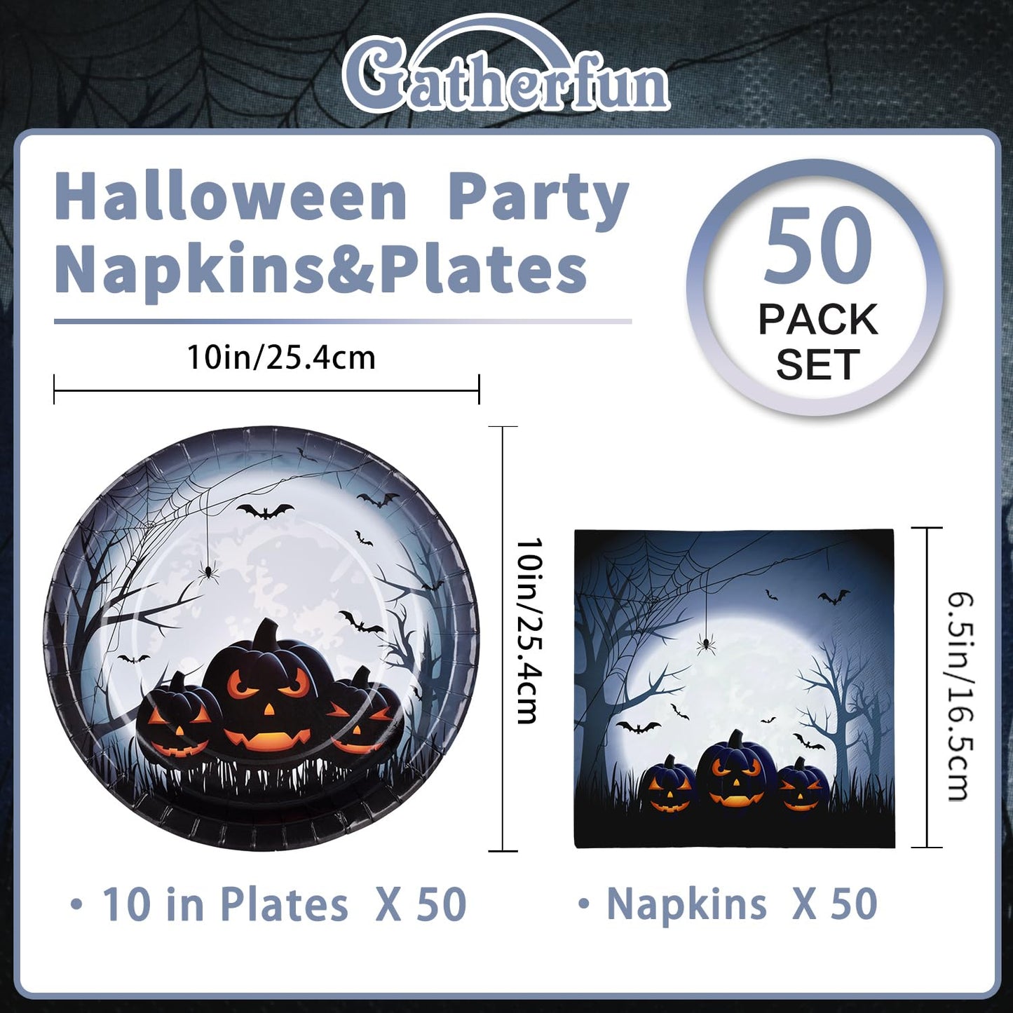Gatherfun Halloween Party Supplies Anger Black Pumpkin Disposable 10 inch Big Paper Plates and Paper Napkins for Spooky Halloween Party Decorations Serve 50