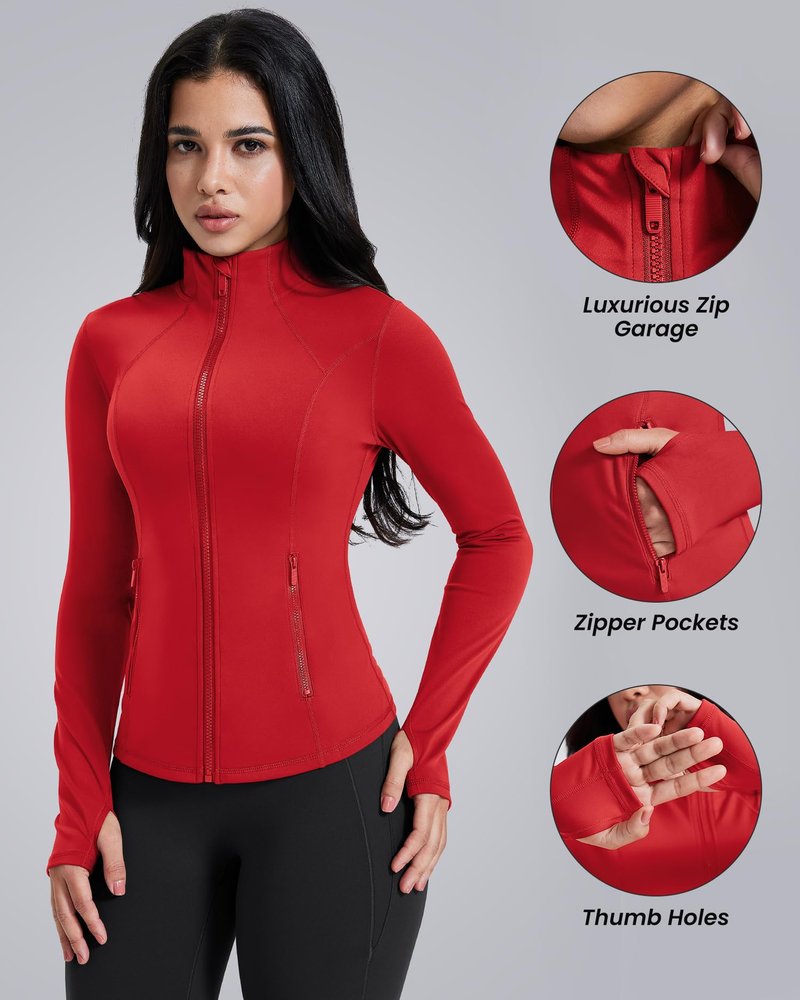 AVGO Womens Workout Jackets Lightweight Athletic Zip Up Jacket Slim Fit Running Gym Top with Pockets & Thumb Holes(Red, XS)