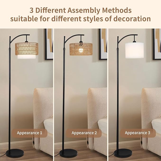 Arc Floor Lamp for Living Room Boho Floor Lamps with Remote Control & with 3 Color Temperatures,Rattan Wicker Standing Lamp Dimmable Tall Floor Lamp for Bedroom Living Room Corner