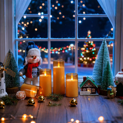 Fo32won Amber LED Flameless Pillar Candles Battery Operated with Remote and Timer, Set of 5 (D 3"×H 4" 5" 6" 8" 8") Decorative Plexiglass Flickering Candles with 3D Flame
