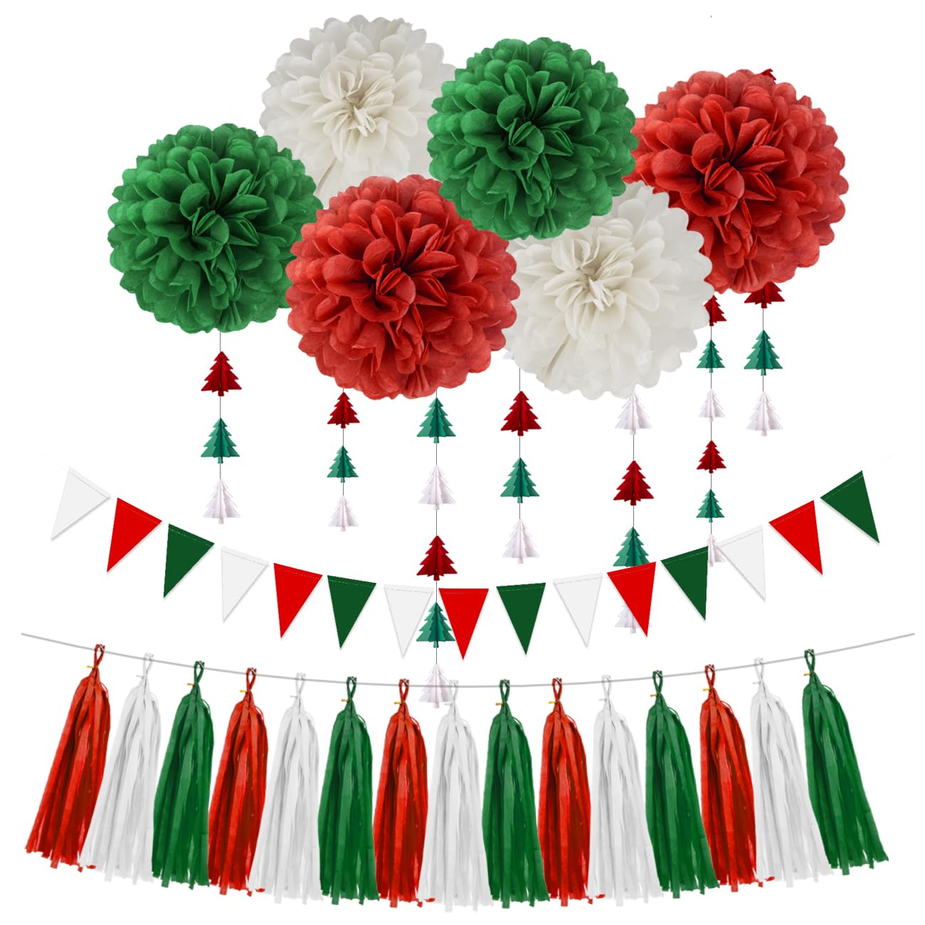 Red White Green Christmas Decorations - 23pcs Tissue Paper Flowers Pom Poms Tassel Garland Banner 3D Christmas Tree Paper Streamers Birthday Party Decorations For Home Indoor Outdoor Hanging Decor