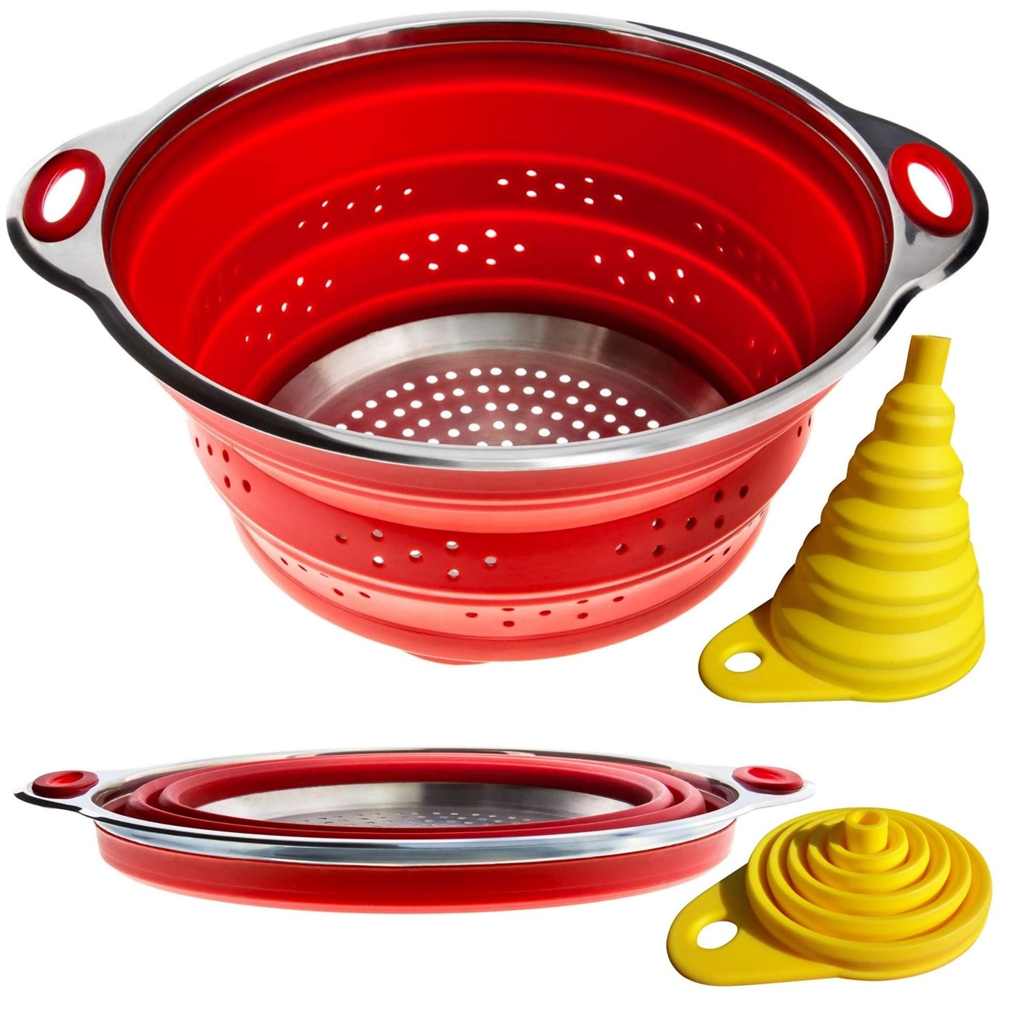 Collapsible Colander and Funnel - Stainless Steel Meets Red Silicone. RV Accessories for Inside, Camper Organization and Storage Idea, Motorhome, Camp or Travel Trailer, 5th Wheel, Boat, Small Kitchen