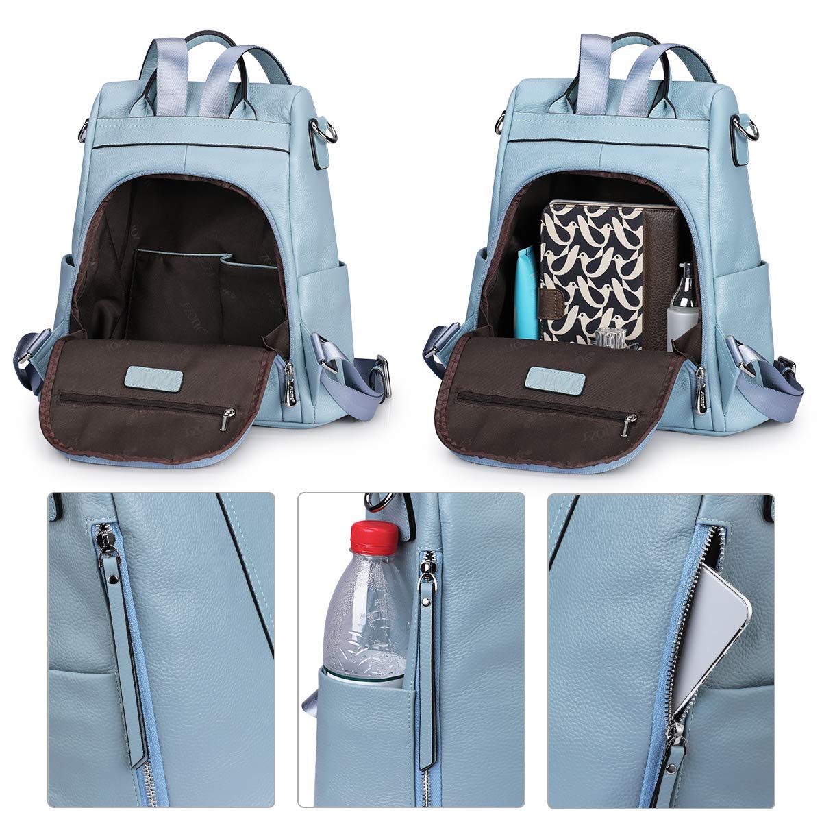 S-ZONE Women Soft Leather Backpack Anti-theft Purse Ladies Waterproof Rucksack School Bag (Blue)