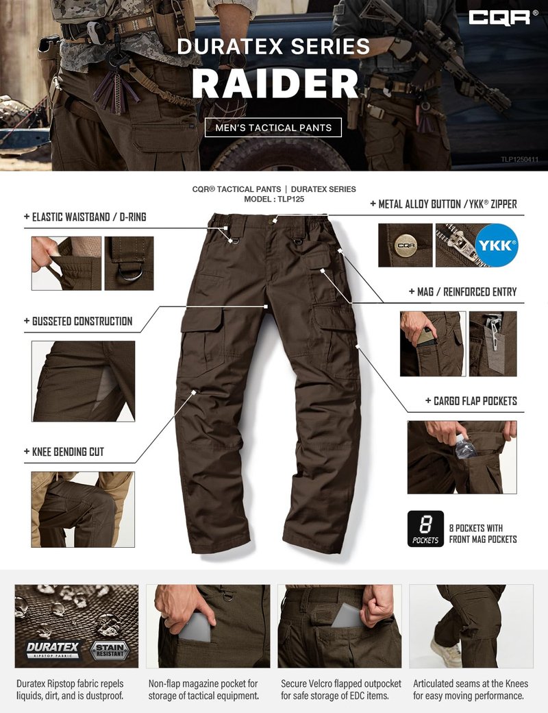 CQR Men's Tactical Pants, Water Resistant Ripstop Cargo Pants, Lightweight EDC Work Hiking Pants, Outdoor Apparel, Duratex Mag Pocket Dark Brown, 40W x 32L