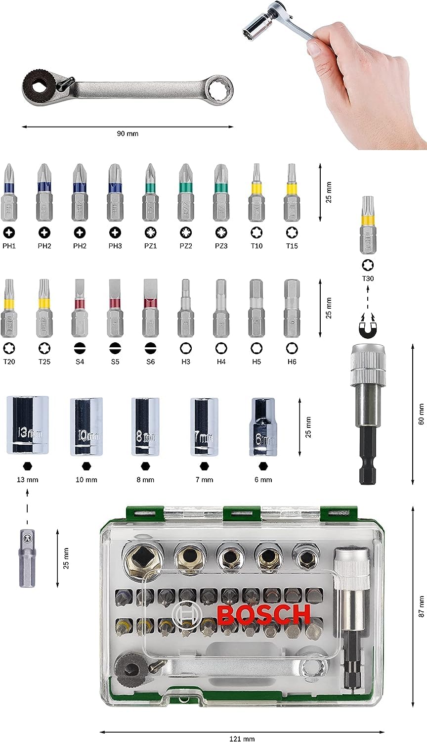 Bosch 27pc.Screwdriver Bit and Ratchet Set (PH-, PZ-, Hex-, T-, S-Bit, Accessories Drill and Screwdriver)