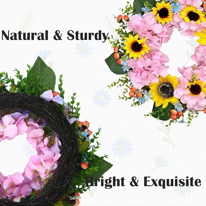 pring Wreath for Front Door, Bright Sunflowers & Mixed Flowers, Artificial Floral Wreath for Indoor & Outdoor Wall Decor, Lifelike Decoration for Home and Garden (18 inches)