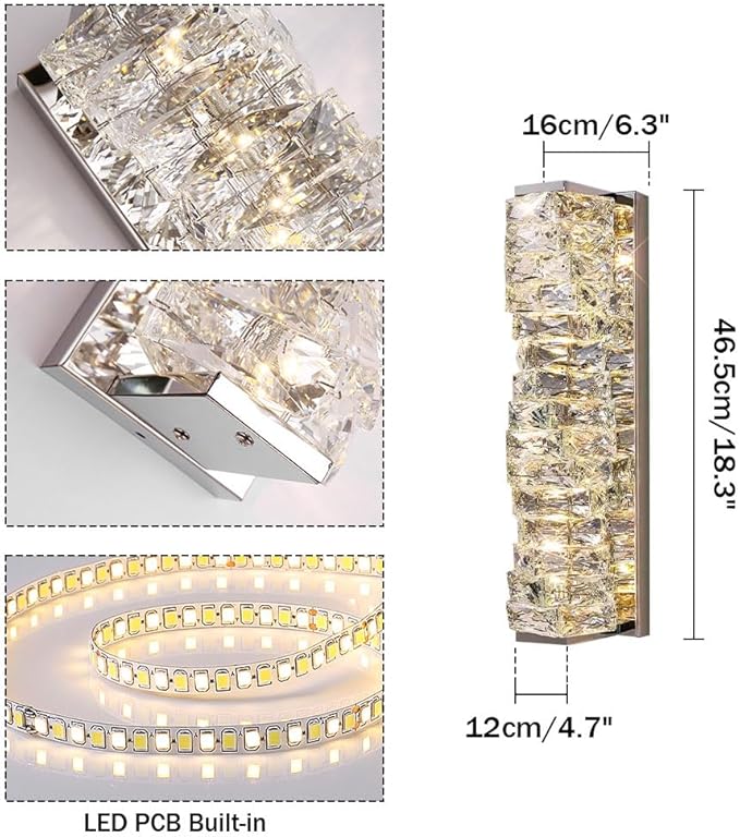 Modern Silver Crystal Wall Sconce, Adjustable Color Temperature LED Glass Wall Light, Luxurious Indoor Wall Mount Light Fixture for Bedroom Living Room Corridor Entrance Lighting
