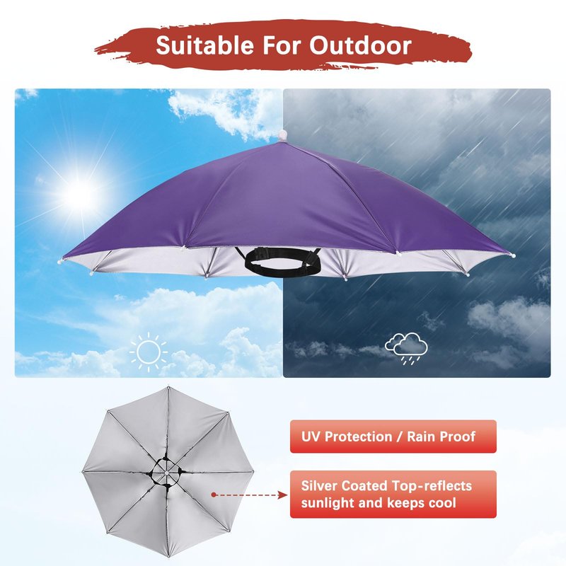 TIXIPEM 26" Headband Umbrella Hat [2 Pcs] - Hand Free Foldable Umbrella Cap Sun Hat Use for Fishing & Gardening & Golf & Camping - [Navy Blue+Purple] Silver Coating Top Outdoor