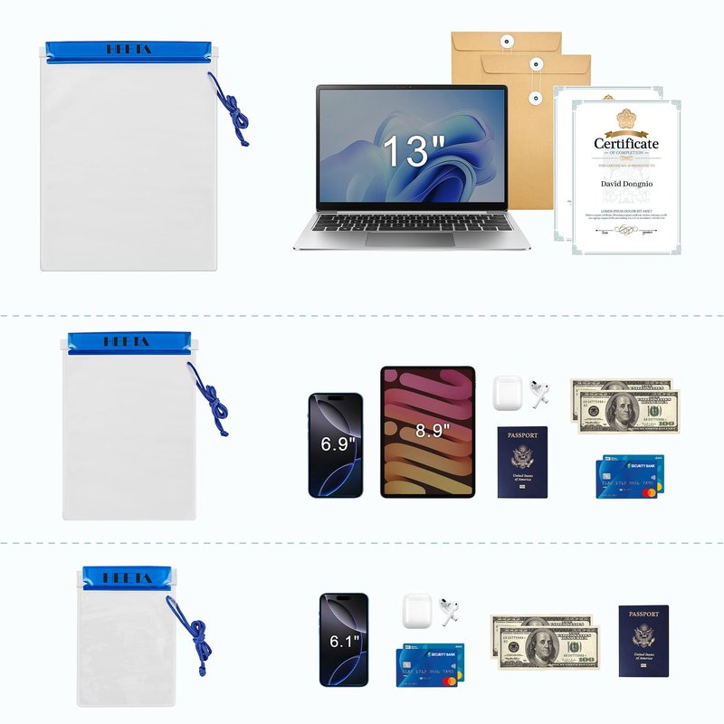 HEETA 5-Pack Clear Waterproof Dry Bag Pouch, Water Tight Cases Dry Bags Document Holder for Camera Mobile Phone Maps, Kayaking Boating (Blue)