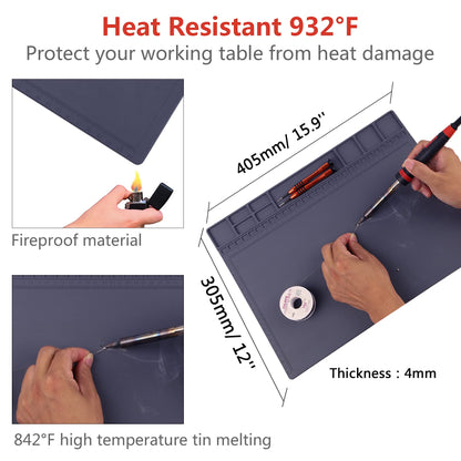Anti-Static Mat ESD Safe for Electronic Includes ESD Wristband and Grounding Wire, HPFIX Silicone Soldering Repair Mat 932°F Heat Resistant for iPhone iPad iMac, Laptop, Computer, 15.9” x 12” Grey